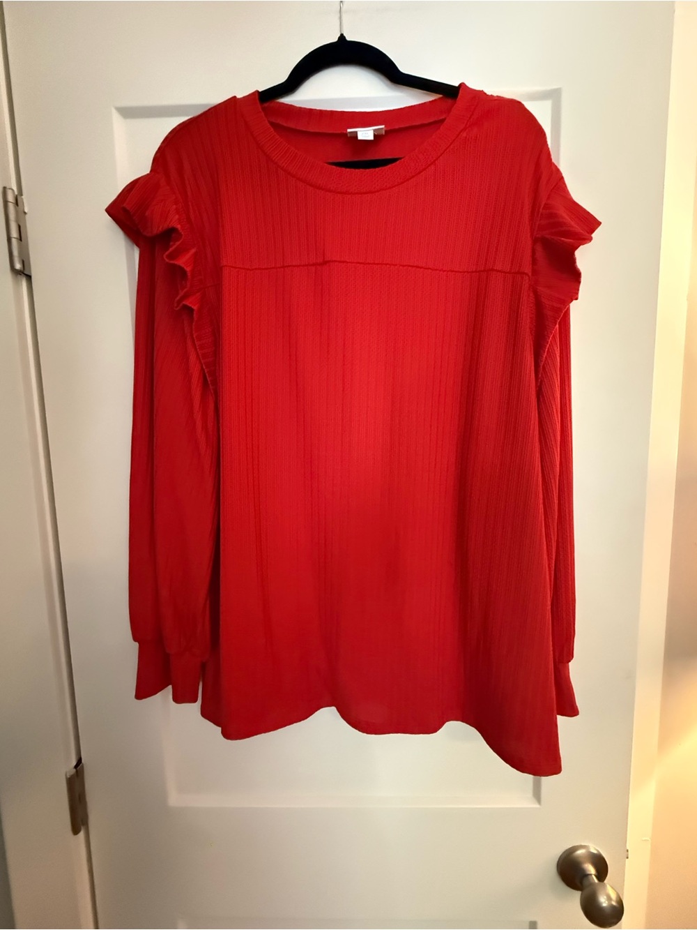 LuLaRoe Brielle Top Women’s 2XL Red Ruffle Long Sleeve Ribbed Shirt